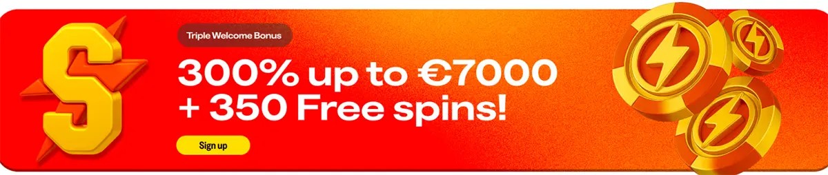 ShakeBet promo banner advertising a “Triple Welcome Bonus” — 300% up to €7,000 + 350 free spins — with a “Sign up” button, gold “S” icon on the left and lightning coin symbols on the right.