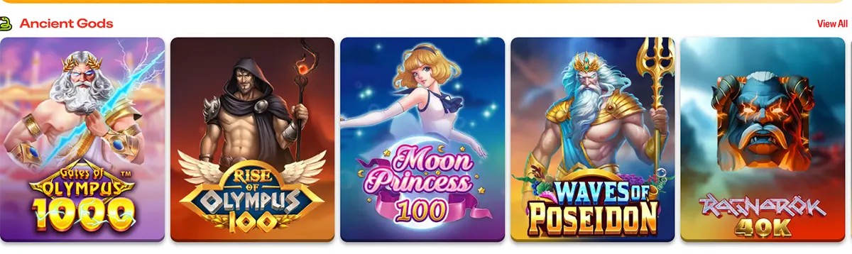 Ancient Gods game row showing thumbnails for Gates of Olympus 1000, Rise of Olympus 100, Moon Princess 100, Waves of Poseidon, and Ragnarok 40K, with a “View All” link on the right.